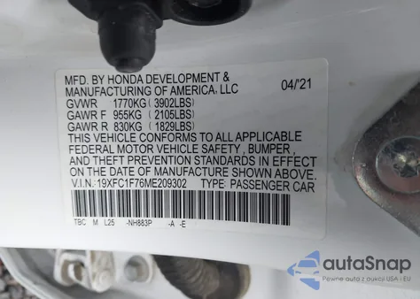 2021 Honda Civic Ex-L из США, поврежденный, VIN 19XFC1F76ME209302